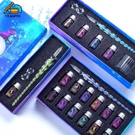Crystal Glass Pen Starry Sky Unicorn Dip Pen Glitter Powder Fountain Pen 12 Colors Ink Gift Box Set 