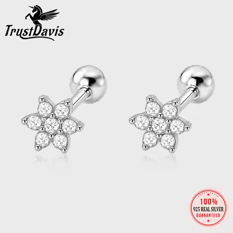 TrustDavis Real 925 Sterling Silver Fashion and Simple Flower Zircon Stud Earrings Women Fine Jewelr