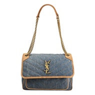 YSL 633184 NIKI 經典LOGO牛仔麂皮翻蓋肩/斜背包.咖邊