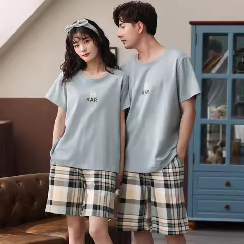 Summer Couple Pajama Set Modal Short Sleeve Pyjamas Men and Women Casual Pijama