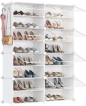 BASTUO Shoe Rack Organizer 32 pairs Portable Shoe Storage Shelf Cabinet Narrow Standing Stackable Space Saver for Closet, Entryway, Hallway, Stand Expandable for Heels, Boots, Slippers, White