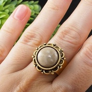 米色化石珊瑚戒指圓形象牙金色花朵可調節戒指首飾