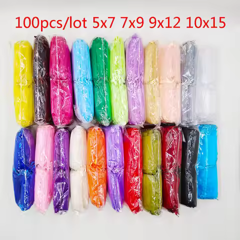 100pcs 5x7 7x9 9x12 10x15cm Drawstring Organza Bags Jewelry Packaging Bags Wedding Party Gift Bag Ch