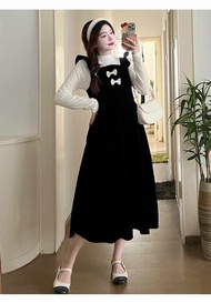 SET VÁY NHUNG ĐEN 2 DÂY KÈM ÁO GIỮ NHIỆT CHO MẸ BẦU MẶC SUỐT THAI KỲ - ĐẦM BẦU BABYDOLL TIỂU THƯ FRE