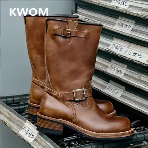 KOWM Cowhide Hiking shoes Brown trekking boots men Engineer's boots workwear goodyear shoes trendy w