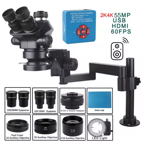 Desktop Folding Stand + Simul Focal 3.5X-200X Zoom Stereo Trinocular Microscope + 1080P 48MP 55MP 4K