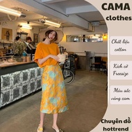 Women's Set of yellow shirt with round neck and long floral skirt, comfortable youthful women's outf