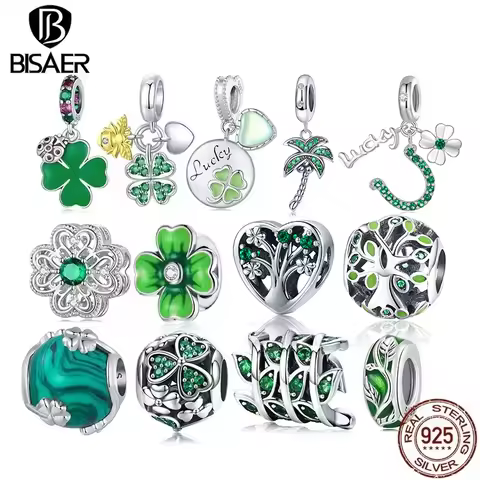 BISAER 925 Sterling Silver Four Leaf Clover Charm Bead Green CZ Pendant Safety Chain Fit Lucky Women