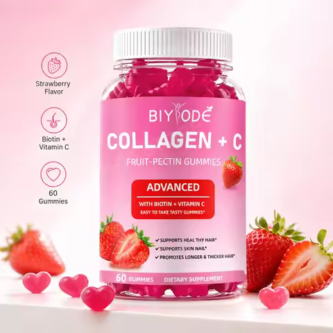 BIYODE Collagen + Vitamin C Gummies with Biotin, Strawberry Fruit Pectin Beauty Supplement for Hair