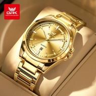 นาฬิกา OPK สำหรับผู้ชายกันน้ำนาฬิกาสแตนเลสสายเหล็กแฟชั่นลำลองนาฬิกาสีทองเรืองแสงพร้อมกล่องของขวัญ