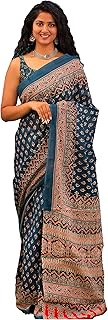Women's Hand Block Ajrakh Printed Pure Cotton Mulmul Saree with Unstitched Blouse Piece, Parent, Den