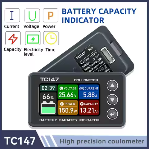 TC147 Precision Battery Tester Coulomb Counter Meter DC6-60V 30A/75A Color Screen Battery Capacity I
