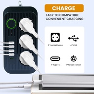 Plug Power Strip 2m Extension Cable Multiprise 3ac Outlets Electrical Socket With 1 Type C 4 Usb Net