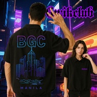 Oversized Polo Shirt – Gothic Logo Front & Neon “BGC Manila” City Skyline Back Print, Cyberpunk Stre