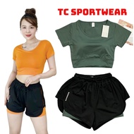 Women's sports set, women's aerobic yoga gym set, short sleeve, 2-layer NT pants, crop top, 4-way st