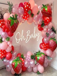 120入組草莓派對裝飾套裝,包括花冠、草莓形狀氣球,適合夏季主題生日派對用品