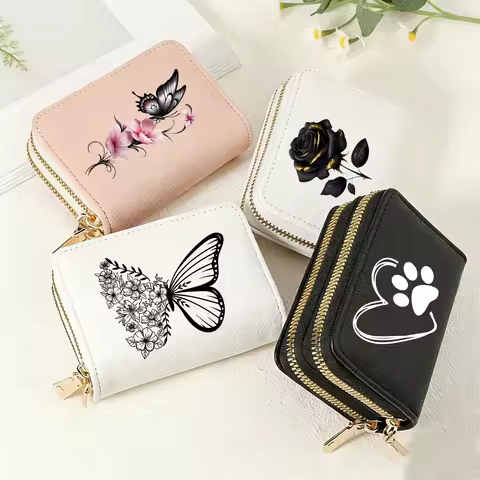 Rose Butterfly Heart-Shaped Paw Womens Double Zipper Wallet Lychee Short Credit Card Holder with Lar