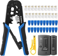 ZOERAX RJ45ชุดเครื่องมือจีบอีเทอร์เน็ตที่มีอุปกรณ์ทดสอบสายเคเบิลคีมปลอกสาย1ชิ้นตัวเชื่อมต่อและฝาครอบ