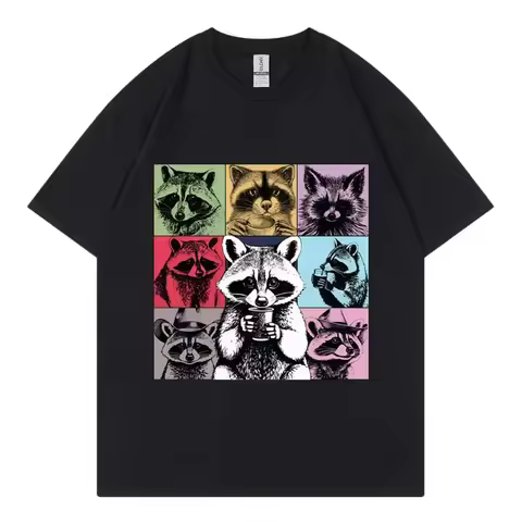 Funny Raccoon Drinking Coffee Meme T Shirt Men Women Clothing Harajuku Y2k Oversized T-shirt Fashion