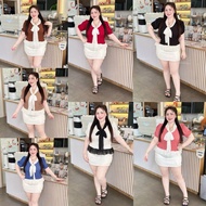 MM82 Fashion Clothes For Chubby Women Two-Tone Short Sleeves Bow Tie Chiffon Fabric Cute Bust Betwee