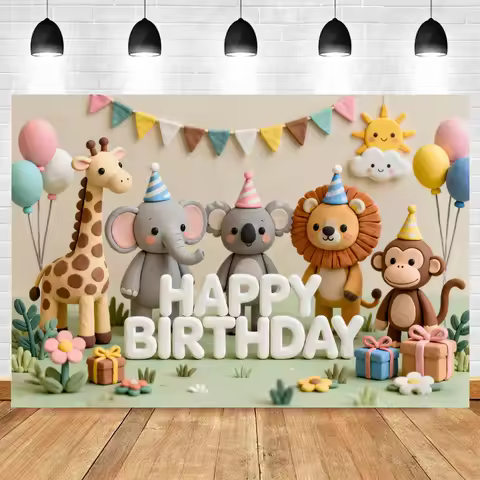 Children's zoo theme lion giraffe elephant cartoon birthday party photography background wall poster