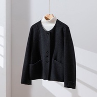 輕盈保暖羊毛混紡雙面短版大衣 深灰色 260107-3