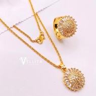 [VJ]Cop916 Set3in1 Jewellery "Sunflower CZ" Long Chain, Pendant, Ring 999.9 Bangkok Gold Plated {Lok