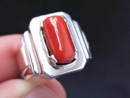 天然珊瑚戒指 深紅珊瑚 男款重磅戒指 925純銀 Marjan