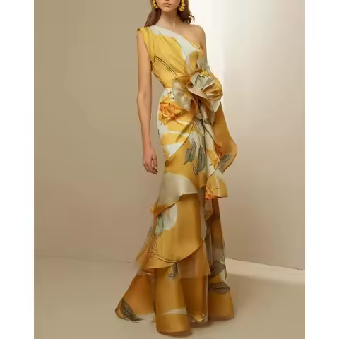 Summer New French Retro High Millet Temperament Waist-Controlled Casual Printing Sloping Shoulder Dr