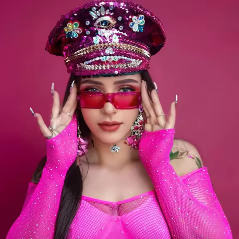 HongLuan Red Steampunk Captain Hat Rhinestone for Burning Man Festival Woman - Rave Festivals Access