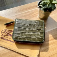 手工深綠色啞面鱷魚皮革拉鏈散紙銀包