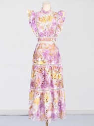 VGH ชุดเดรสยาวคอตั้งปักลายดอกไม้สไตล์วันหยุด แขนพอง กระโปรงทรงเอ ผ้าโพลีเอสเตอร์ ฤดูใบไม้ผลิ ฤดูร้อน