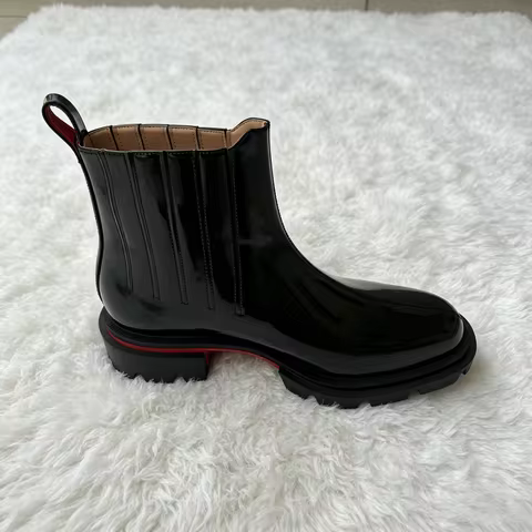 Men's Black Patent Leather Chelsea Boots Red Sole Chunky Heel Fashion Ankle Boots