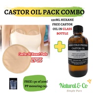 Pure Cold Pressed Castor Oil Pack Combo (250ml  Pure Cold Pressed Castor Oil+ 2 Reusable ORGANIC Cas