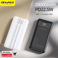 20000mAh 自帶線 移動電源電量顯示多功能Power Bank With Type C &amp; Lightning Cable 22.5W Fast Charge External Spare Battery for Mobile Phone Power bank Awei P168K 20000mAh 行動電源充電寶Type C and Lightning 2.5W 快充手機外接備用電池 Awei P169K