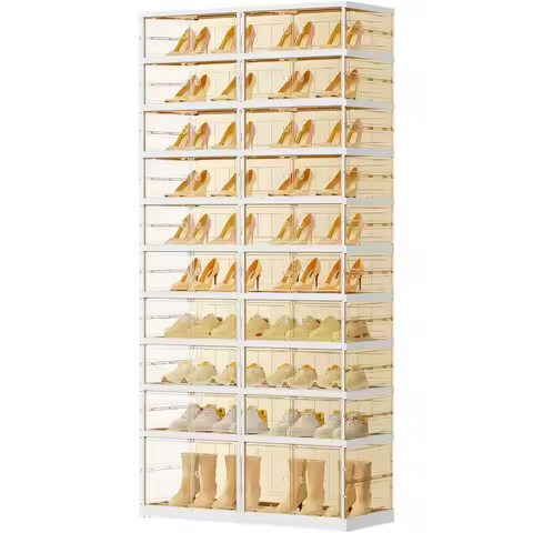 Foldable Shoe Boxes with Doors 10 Tiers 20-40 Pairs Plastic Shoes Storage Rack Tall Shoe Shelf Cabin