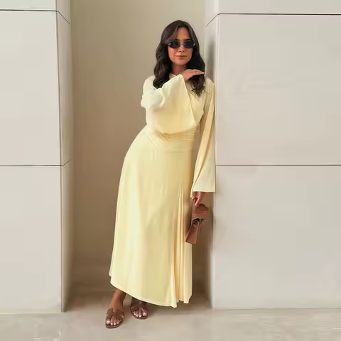 Sharon Said Dubai Simple Yellow Chiffon Evening Dress Long Sleeve Ruched Waist Women Wedding Formal 
