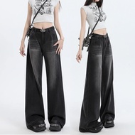 【READY STOCK 】🍒Cherry Grey jeans Women's high waist wideleg pants Straight pants Loose longtrousers 
