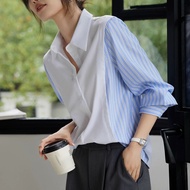 Fake Two-Piece Korean Version Shirt Commuter All-Match Fake Two-Piece Stitching Striped Shirt Female