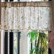 Pastoral Green Leaves Vine Sheer Short Curtain with Tassels for Cafe Kitchen Valance Botanical Plant Design Half Tier Curtain Topper Linen Textured for Small Window Rod Pocket
