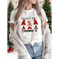 Naughty and I Gnome It" Women'S Christmas T-Shirt - Festive Gnome Graphic with Santa Hat, Red & Whit