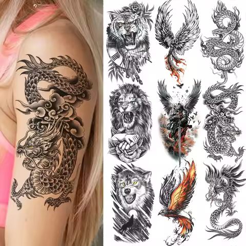 1 Sheet Black Gradon Eagle Wings Lion Wolf Temporary Tattoos For Men Women Adults Body Arm Leg Fake 