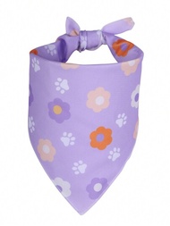 1片寵物口水巾,印有足印和花卉圖案的狗狗頸巾,可調節的頸巾,適用於中大型狗隻