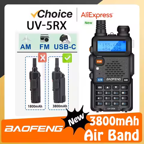 Baofeng UV-5RX 3800mAh Handheld Radio Enlarged Thicker Battery USB-C Charge Multi Bands AM Aviation 