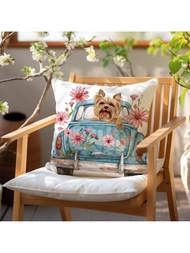 45*45CM復古藝術印花枕套，展現約克夏玩具狗和花卉車圖案，以桃絨天鵝絨材質製成，適合營造春天氛圍，並裝飾具少女風格的家居空間，例如臥室、床鋪、客廳、花園和沙發。