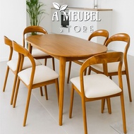 DINING TABLE (160x80cm) OVAL TYPE 6 CURVED CHAIRS MINIMALIST MODEL MODERN DESIGN, BEAUTIFUL TEAK WOO