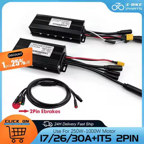 Ebike 3-mode Sine Wave Waterproof Motor Controller 24V/36V/48V 17A 26A 30A with 1T5 2pin Cable For N