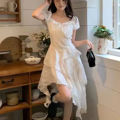 Fashionable White French Tea Break Dress Fairy Tale Style Short Skirt Irregular Hemline Sweet And Sp