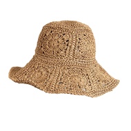 Women Summer Solid Color Crochet Straw Hat Foldable Wide Brim UV Protection Hollow Breathable Beach 
