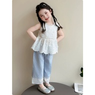[B&G] White lace top and blue straight-leg pants set for girls from 10-45kg (2-12 years old) kids gi